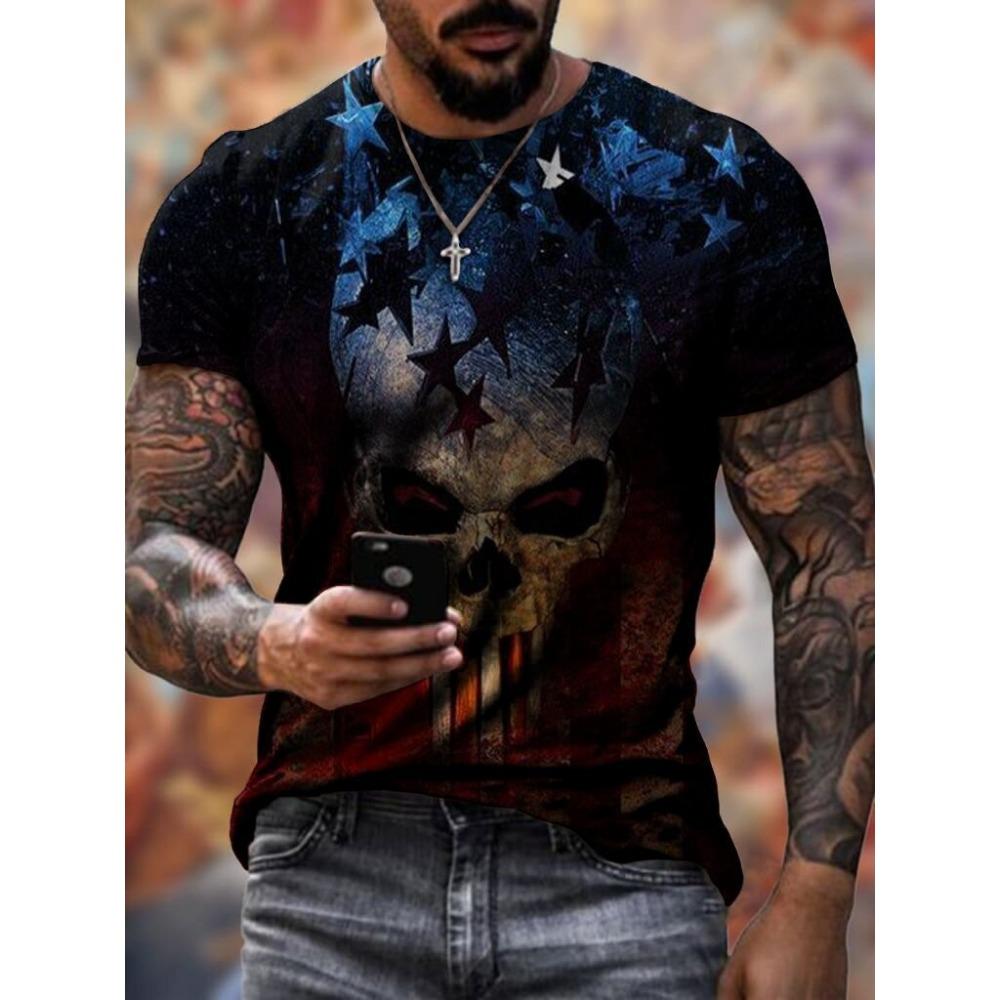 Skull Pattern 3D Printed T-shirt Summer Casual Round Neck Men's T-shirts