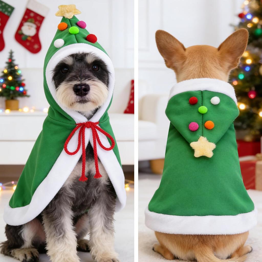 1Pc Cat Christmas Cape with Star and Pompoms Hat Festive Pets Christmas Costume Green Soft Cloak for Small Breed Dogs Holiday Party Outfit Pet Attire