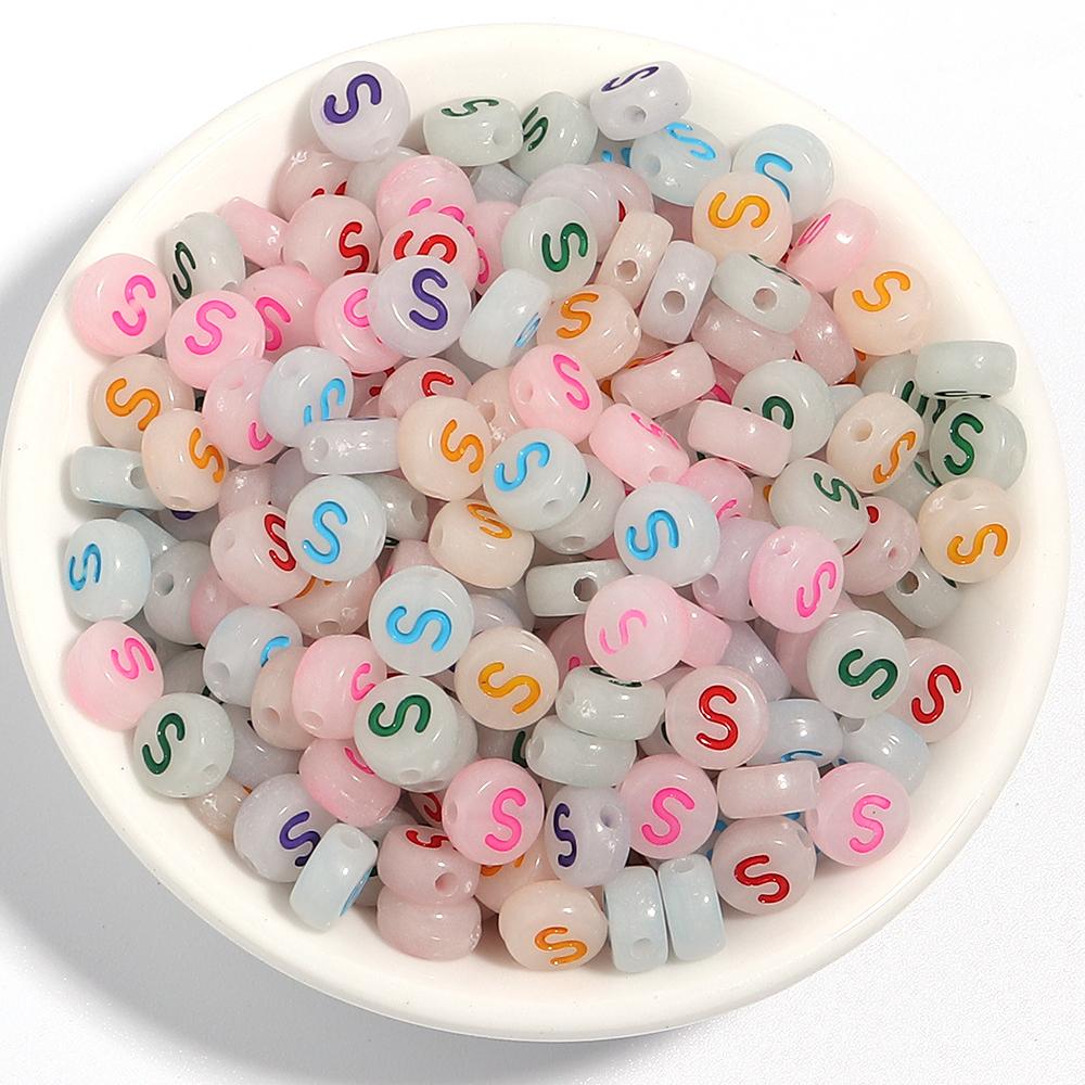 100Pcs/Lot 7mm Acrylic Luminous Beads Translucent Colorful Letter A-Z Flat Round Beads Diy Fashion Bracelet Necklace  Jewelry
