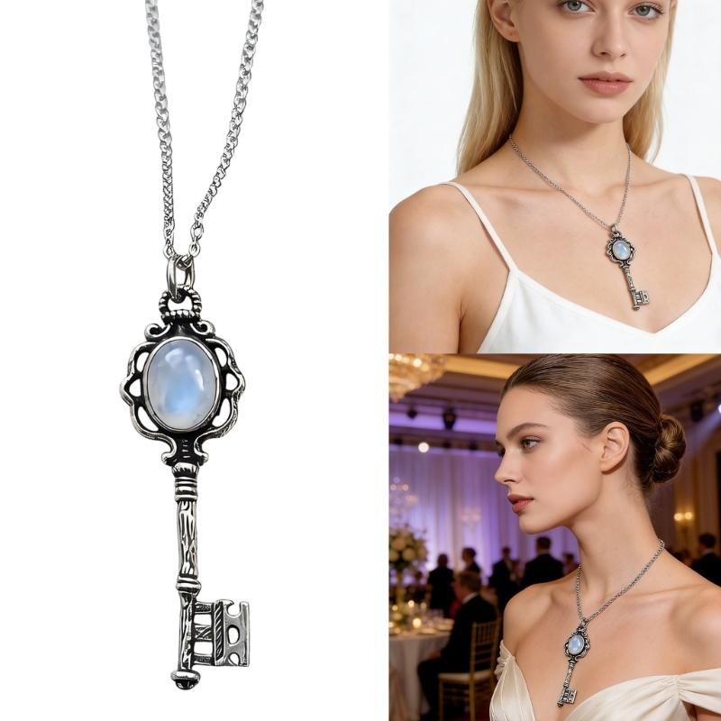 Gothic Moonstone/Black Stone Pendant Necklace With Skull Key Charm For Women Trendy Jewelry Accessory