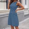 Women's Fashion Summer Spring Stripe Print Sleeveless O-Neck High Waist Casual Dresses