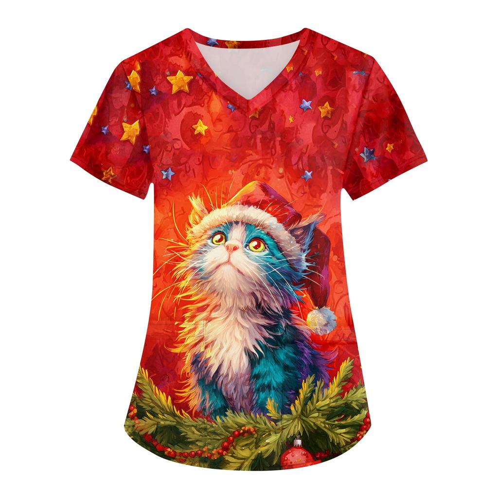 Women's Printing Uniform Work Uniform V-neck Pockets Basic Short Sleeve Pullover Top