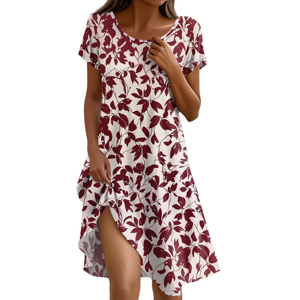 Short Sleeve Boho Dress For Women Casual Loose Fit Sundress Print Round Neck Dress With Pockets