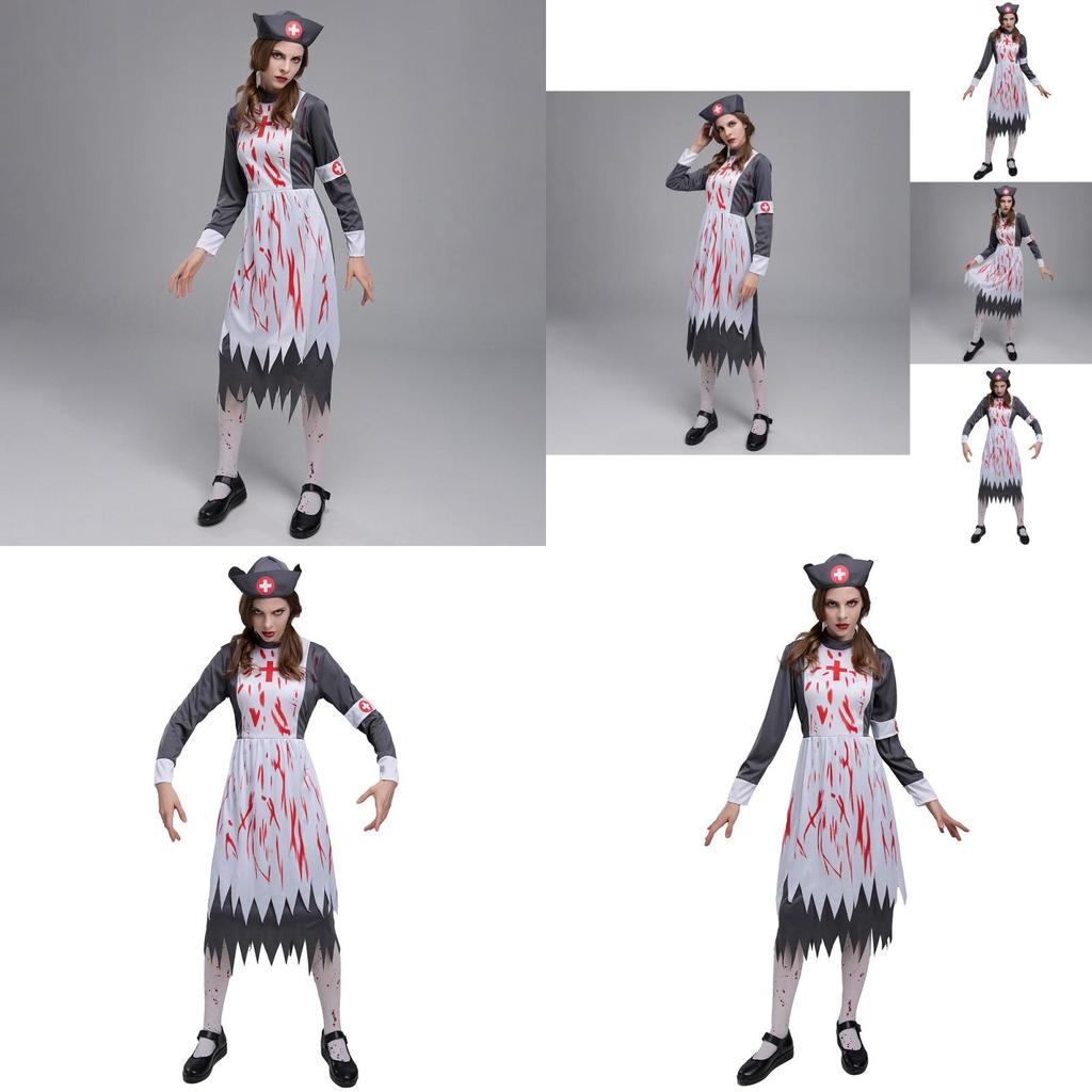 Spooky Adult Zombie Nurse Outfit With Gorgeous Dress And Hat For Halloween Parties