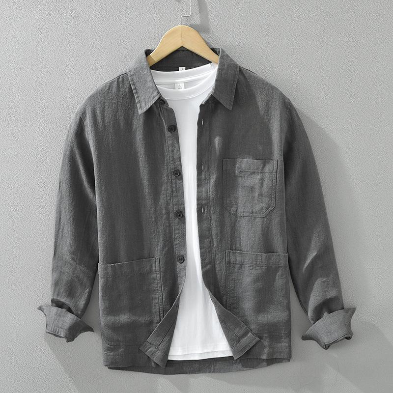 Spring and Summer Cotton Linen Long Sleeve Men Shirt Chinese Style Casual Shirts Lapel Collar Solid Color Button Up Shirt Multi Pocket Overshirt