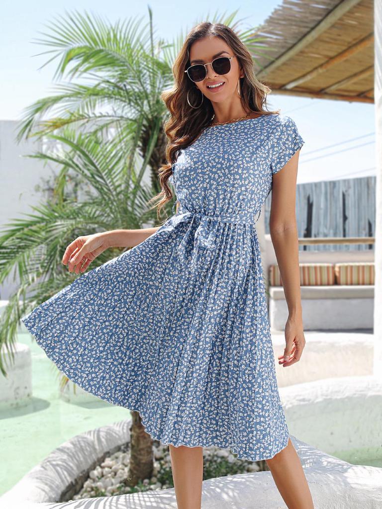 2023 Spring/Summer Women's Floral Tie-Up Dress with Pleated Skirt - European & American Style, Short-Sleeved, Casual