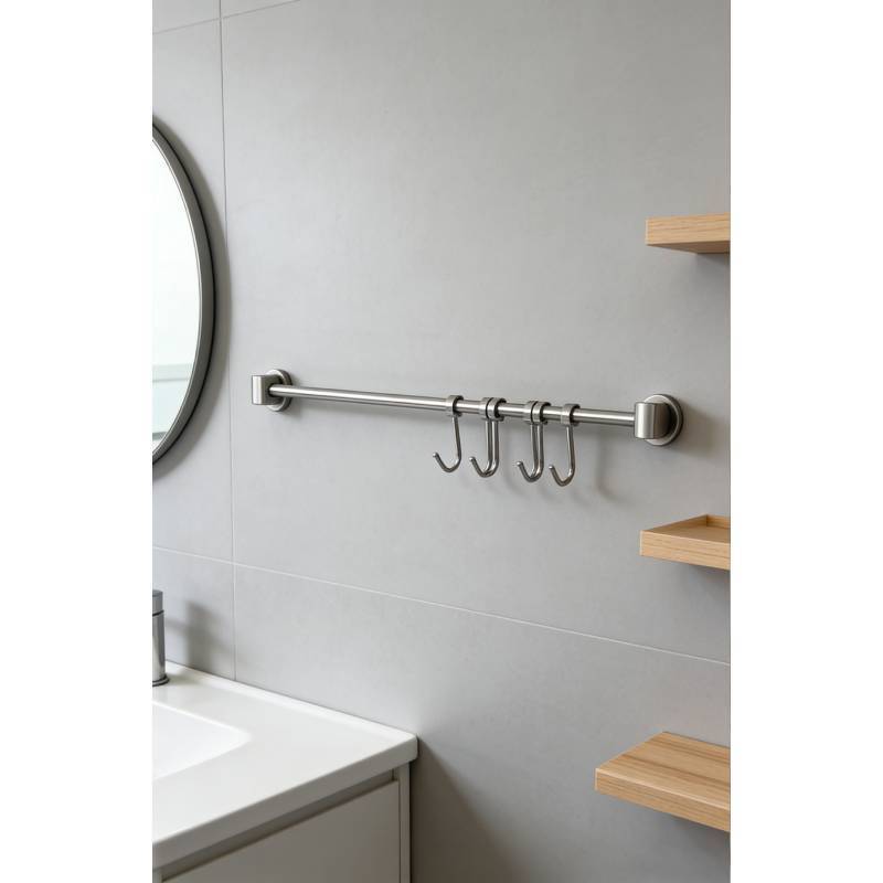 Heavy Duty Stainless Steel Wall Mount Rack With Double Layer Hooks For Kitchen Utensil And Pot Storage