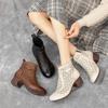 Johnature Hollow Out Boots Genuine Leather Retro Ethnic Style Soft Sole Thick Heel Breathable Women's Shoes