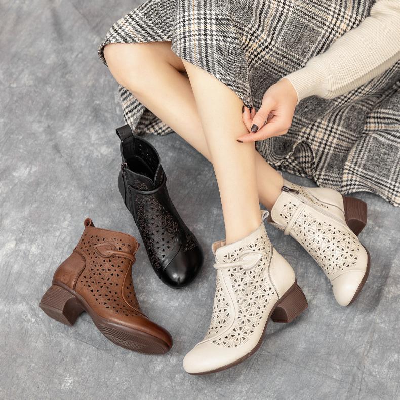 Johnature Hollow Out Boots Genuine Leather Retro Ethnic Style Soft Sole Thick Heel Breathable Women's Shoes