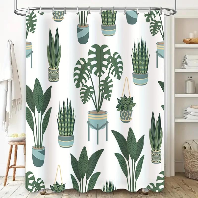 Green Foliage Shower Curtain with Potted Plants for Bathroom Decor Waterproof Fabric Home Decoration