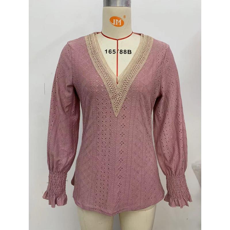 Spring and Autumn Women's T-shirt Tops Jacquard Chiffon Shirt Lace Stitching Long Sleeve Loose V-neck Blouse for Women