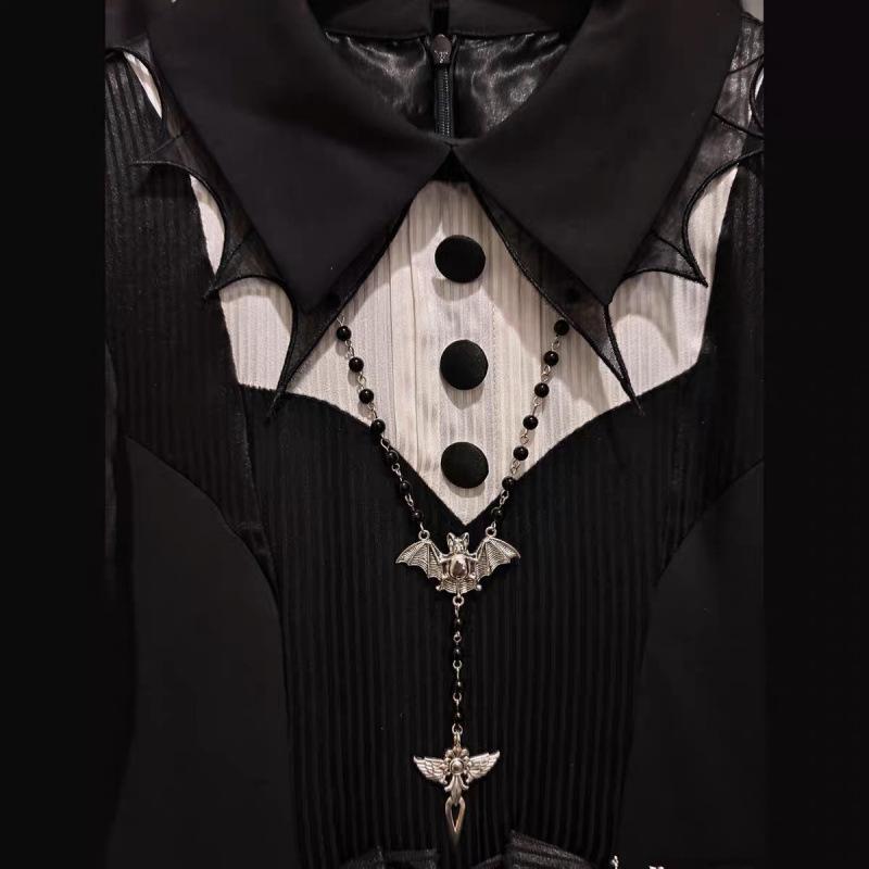 Gothic Retro Vampire Bat Cross Necklace with Black Beaded Chain