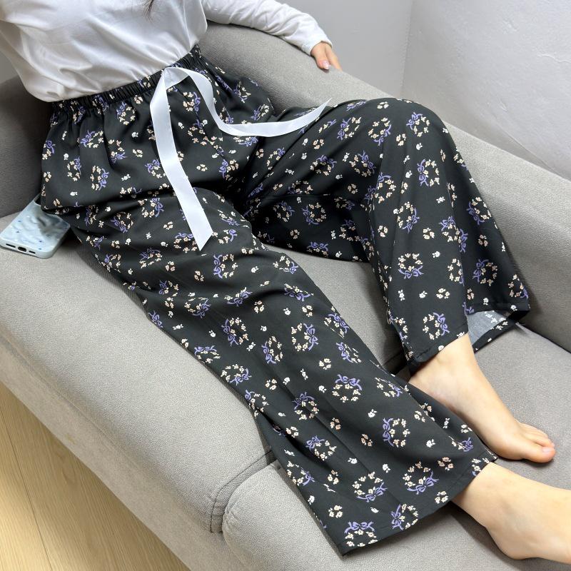 Damen-Blumen-Baumwoll-Seiden-Pyjama - Große Größen, Sommer, Leicht, Für draußen, Gerades Bein, Lockerer Schnitt