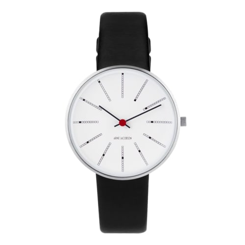 ARNE JACOBSEN BANKERS 53101-1601 Watch, 34mm, Scandinavian Design, Water Resistant (Quiet Design with No Second Hand), White with Black Leather Strap