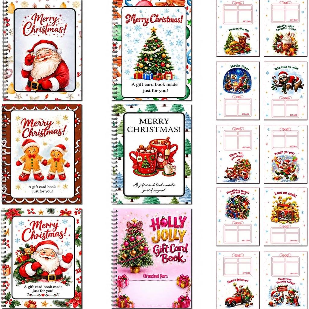 6-Pack Christmas Gift Card Book Covers Spiral Bound Holiday Gift Card Organizer 10 Themed Pages Festive Kids Teens