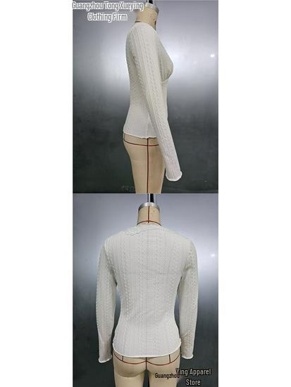 European & American Slim V-Neck Lace Long-Sleeve T-Shirt for Women - Autumn/Winter Temperament Base Top
