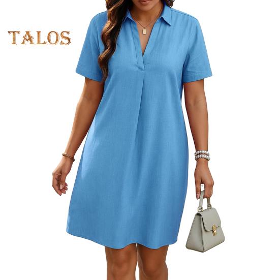 Women A-Line Dress V-Neck Lapel Short Sleeve Solid Color Summer Dress Loose Fit Lightweight Casual Dress