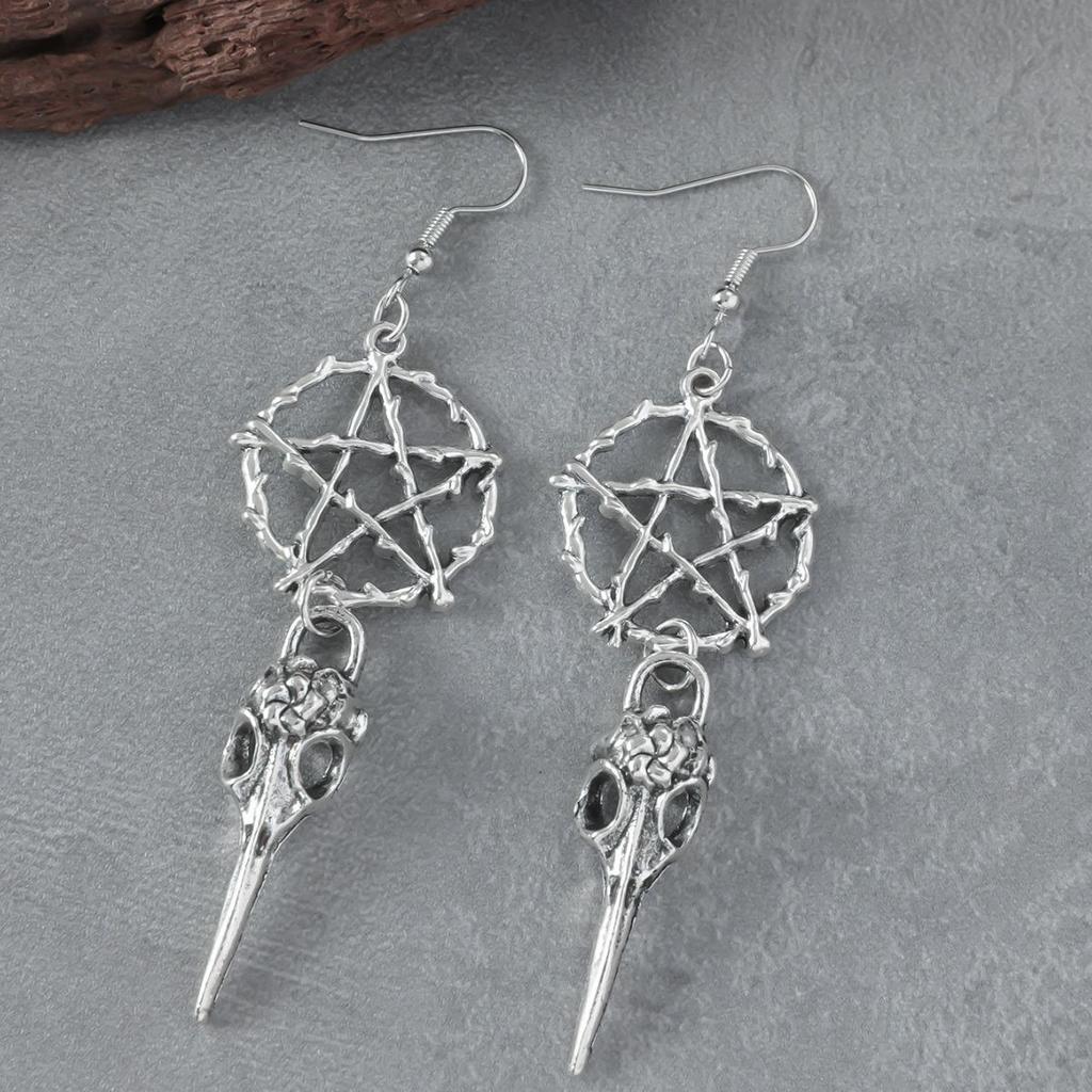 Gothic Skull Crow Pentagram Earrings - Dark Halloween Jewelry