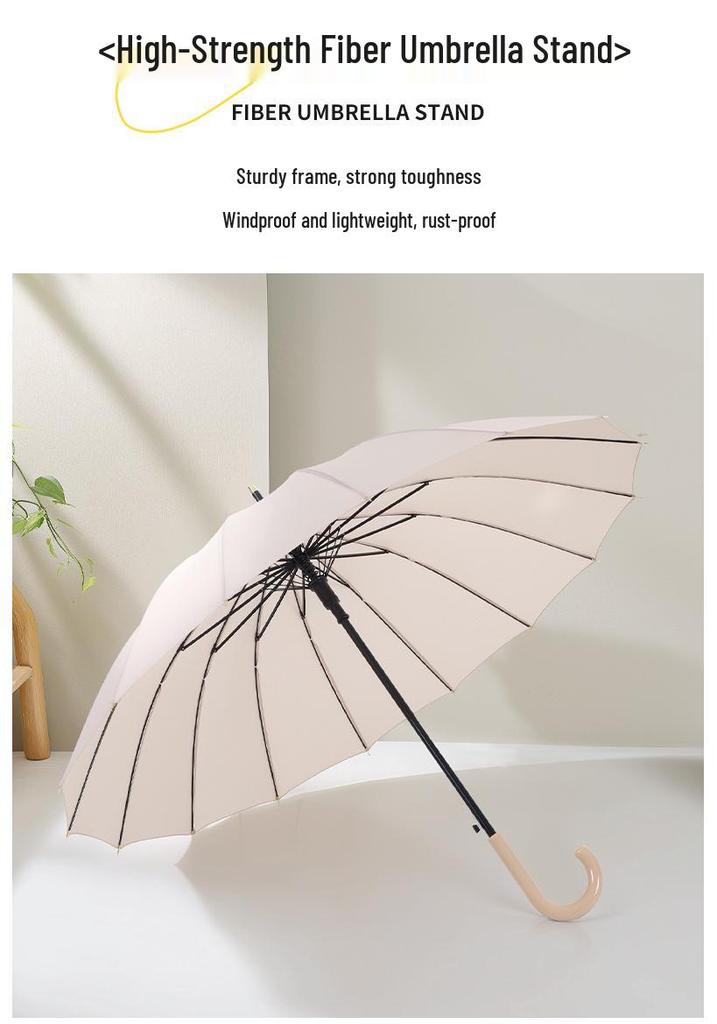 Large Windproof Umbrella: 16-Rib, Long-Handle, Solid Color, Automatic, for Women & Men
