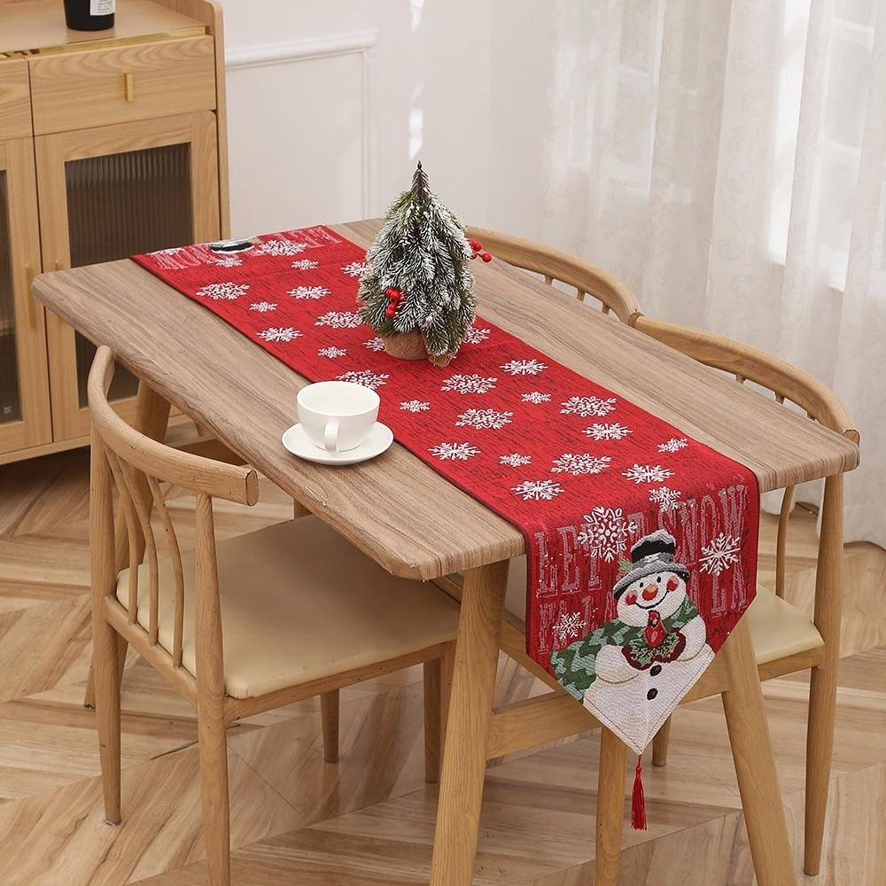Red Christmas Table Runner Tree Santa Claus Tablecloth Flower Linen Table Cover  Christmas Eve