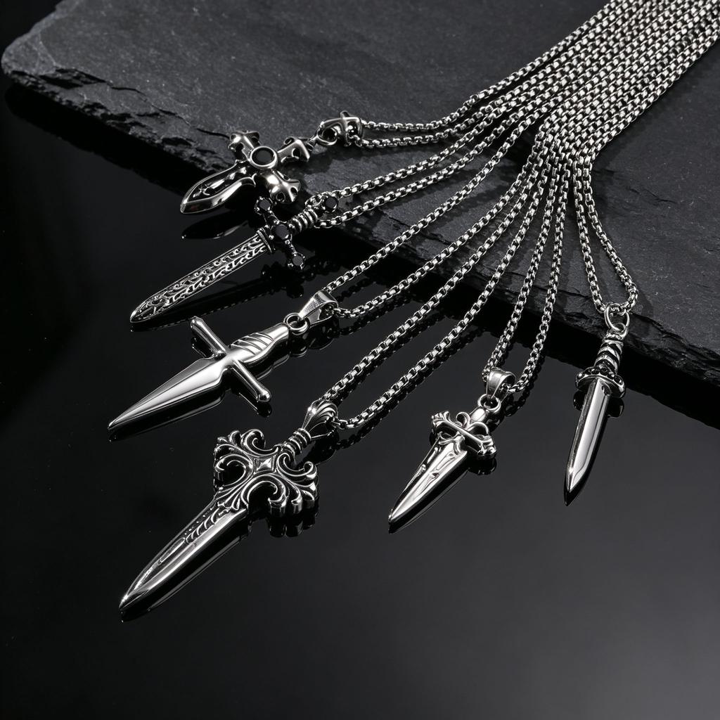 Punk Men's Sword Necklace,Vintage Silver Color Stainless Steel Sword Pendant Necklace,Hip Hop Gothic Knight's Sword Jewelry