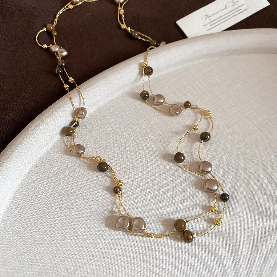 Maillard Tiger Eye Bead Round Pendant Necklace - Retro Casual Style Sweater Chain, Simple and Versatile.
