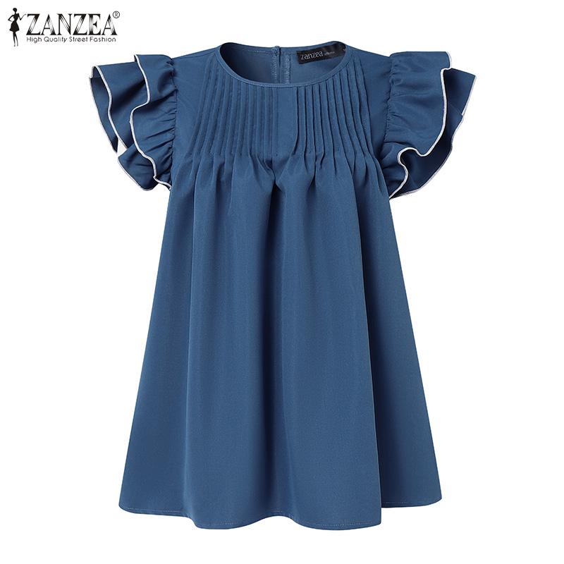ZANZEA Damen Sommer Rundhals Lässig Rüschenärmel Lockere Bluse