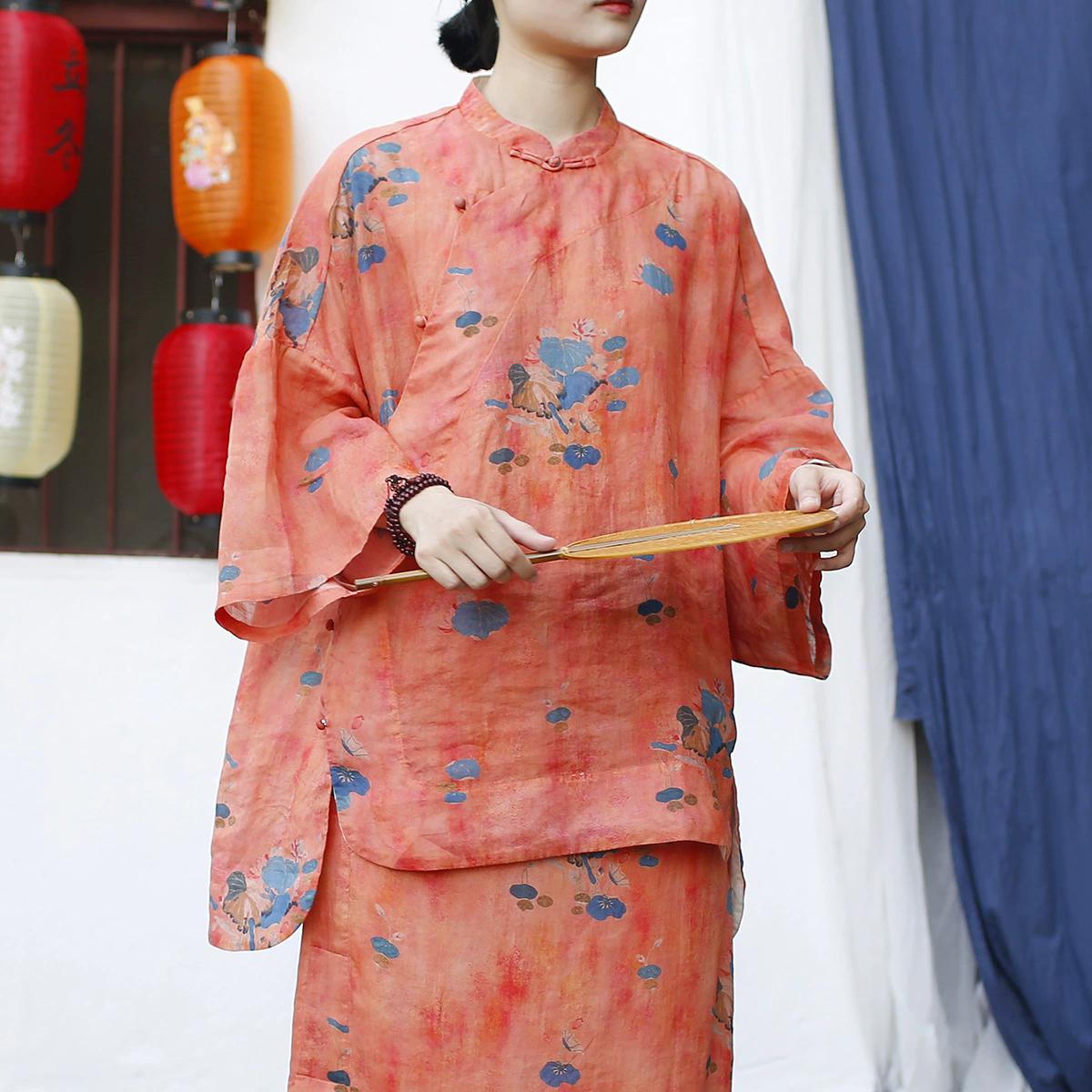 

Johnature Vintage Print Floral Shirts Tops For Women Stand Long Sleeve Autumn Blouses High Quality Shirts One Size