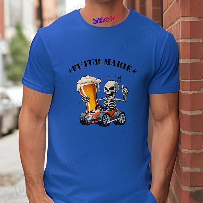 French Evg Team Future Groom Man Squad T-shirt Men's Single Farewell Tees Bachelor Party Shirt Funny Beer Skeleton Wedding Tops