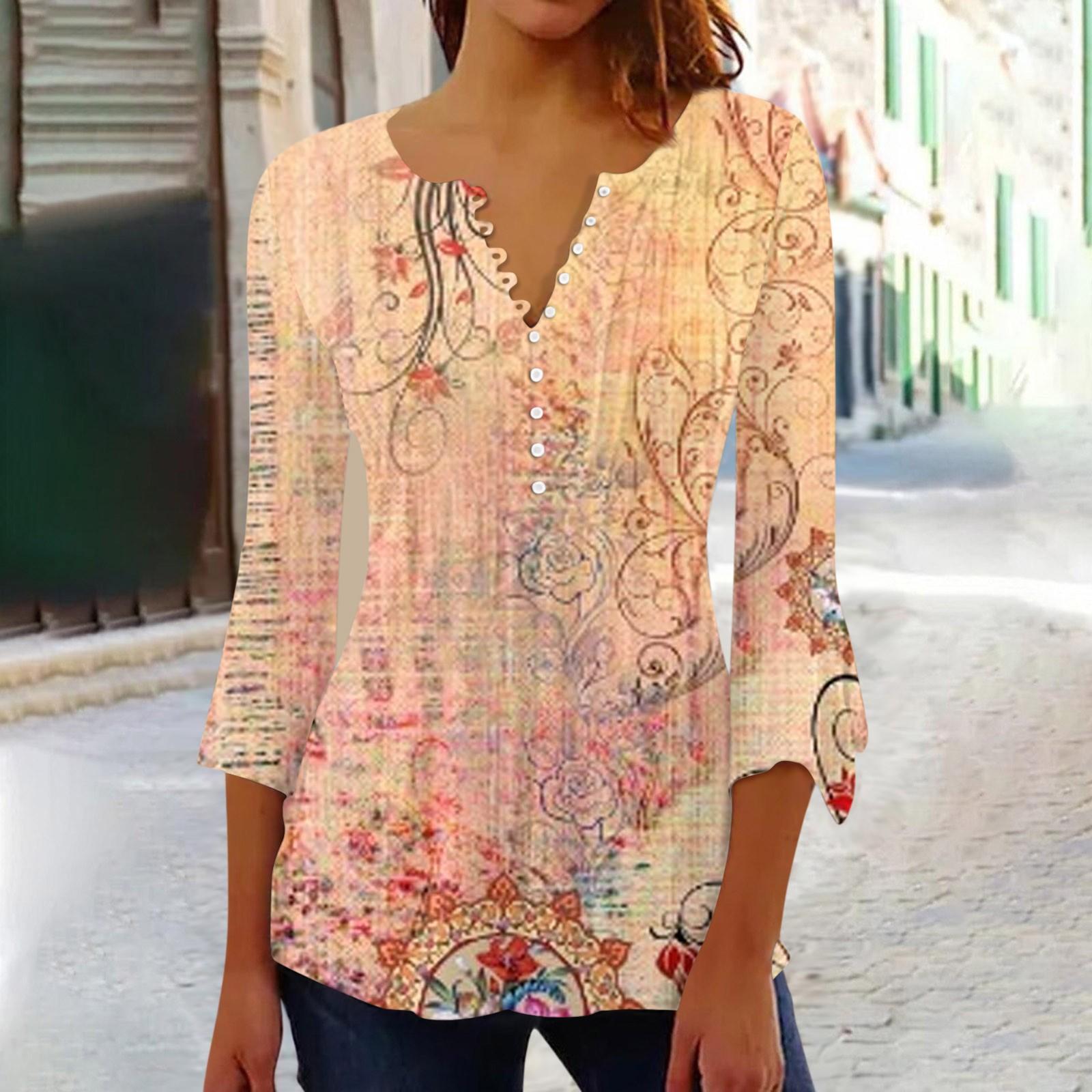 

Рубашки на пуговицах для женщин, туника с цветочным принтом, летние топы, нарядные повседневные весенние блузки с колокольчиком три четверти и V-образным вырезом XL жёлтый