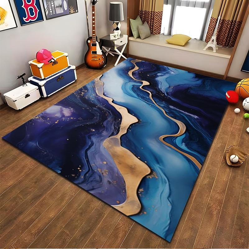 Abstract Blue and Gold Wave Pattern Carpet for Living Room Decor Suitable for Use As an Anti-slip for Living Room Bedroom Sofas