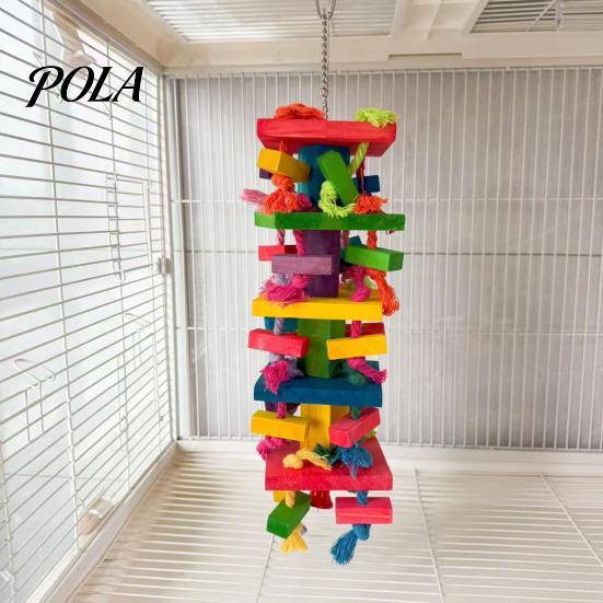 Durable Parrot Toy Chewing for Macaws African Greys, Colorful Wooden Block Puzzle with Medium Chew Cotton Tassels, Hanging Interactive Activity Cage,