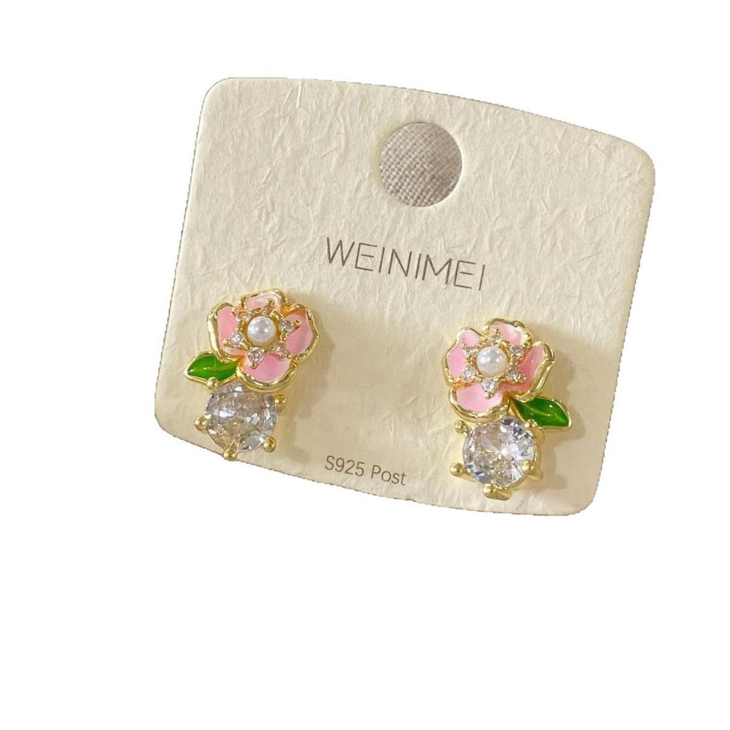 Elegant Forest-Style Zircon Pink Flower Stud Earrings: Delicate, Small, Exquisite, High-End Niche Design.