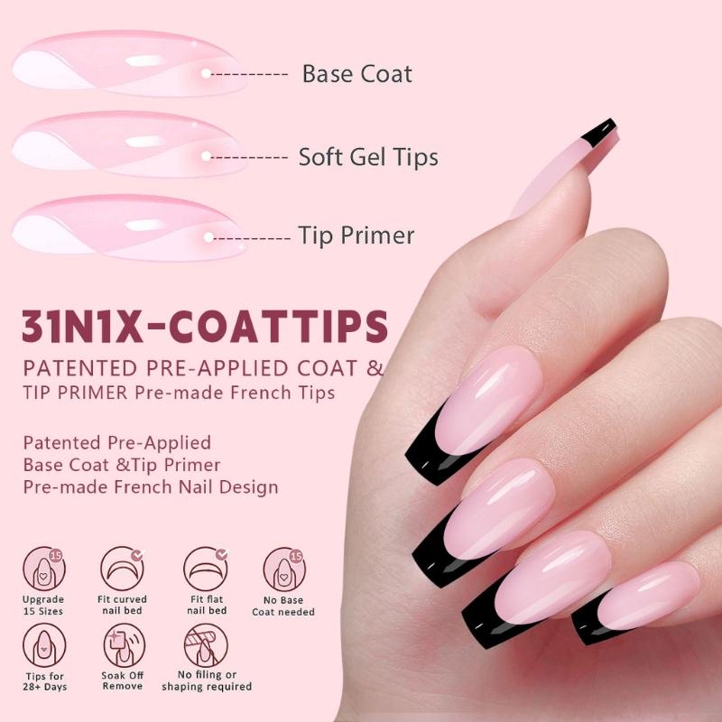 150Pcs Black French Tip Gel Nail Tips Short Coffin Shape Press on Nails Short for Women False Nails 15 Sizes