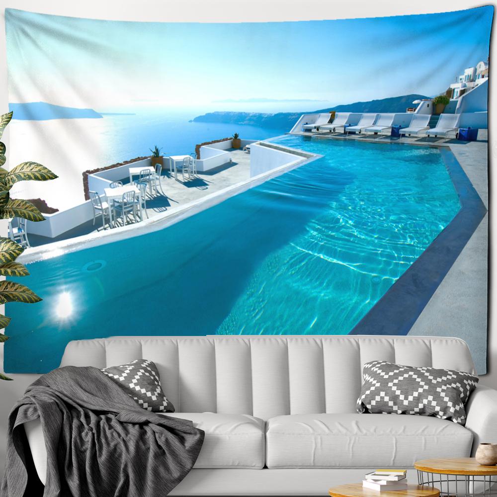 Faux Window Beach Sun Forest Painting Tapestry Wall Hanging Boho Psychedelic Home Decor