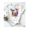 European Size Women's White  T - Shirt: Colorful Hummingbirds and Flowers Theme