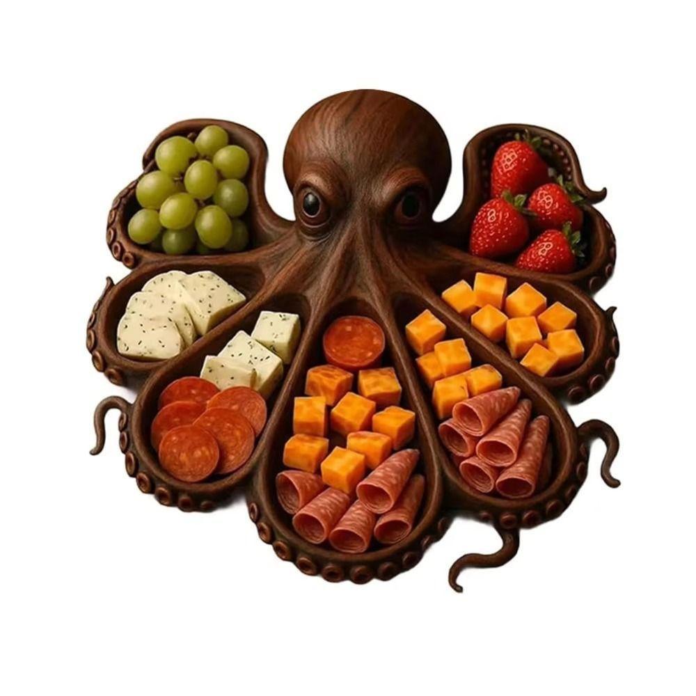 Dřevěný talíř na jídlo s motivem chobotnice Unikátní prkénka na charcuterie s chobotnicí Servírovací tác s chobotnicí Jídlo na párty