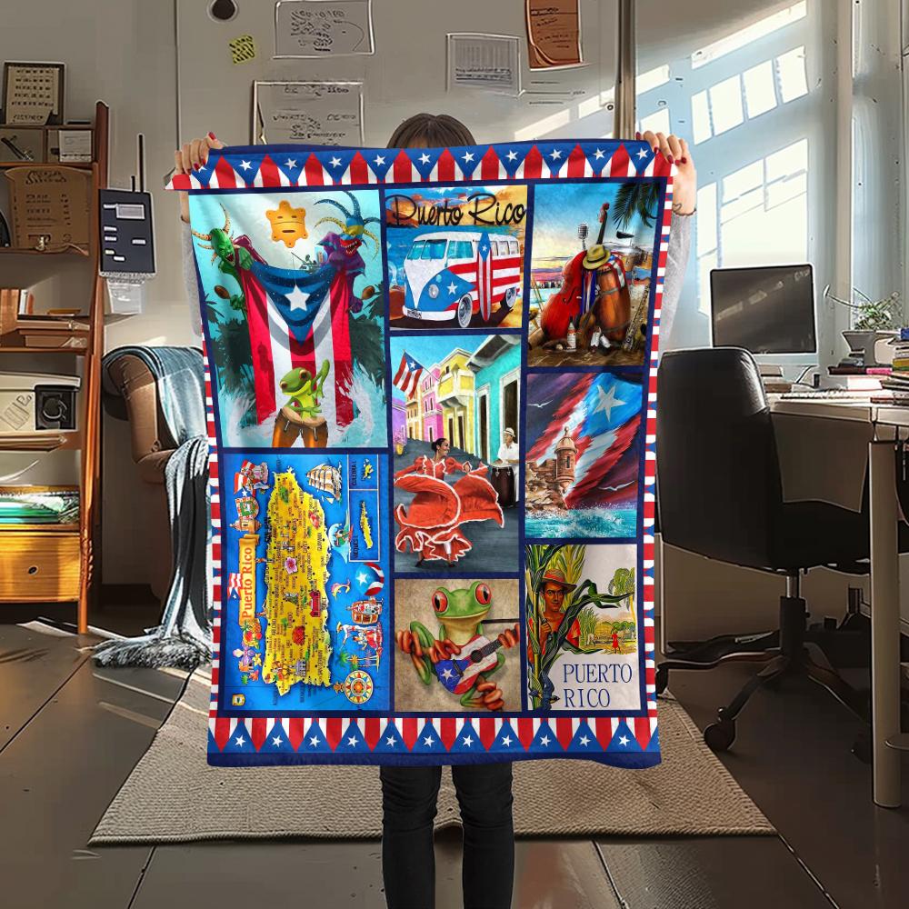 1Pc Puerto Rico Print Flannel Blanket, High quality Comfortable for All Seasons, Home Decor, Warmth and Comfort, Perfect for Christmas Gifts
