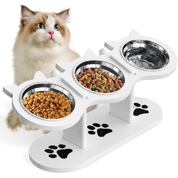 Cat Bowls Elevated, Raised Cat Food Bowls for Indoor Cats, Adjustable Heights Cat Food and Water Bowl with Black Shelf,3 Stainless Steel Elevated Cat