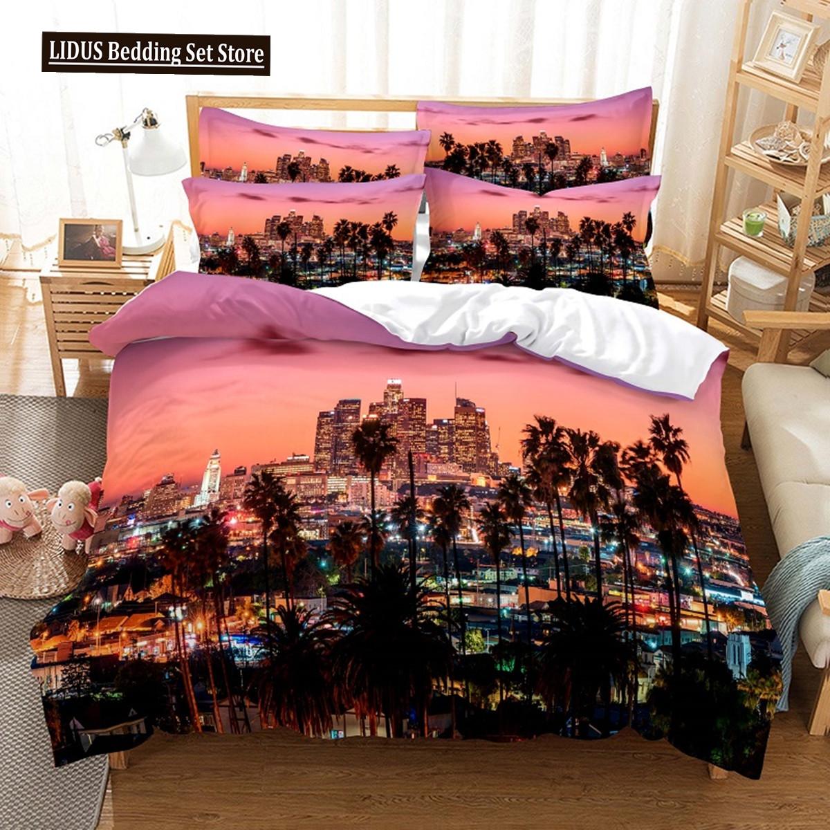 New York Dekbedovertrek Nyc Dat Nooit Slaapt Reflectie Op Manhattan East River Stads Nachtscène Kamer Decoratieve Beddengoed Roze Blauw EU single(135x200cm)