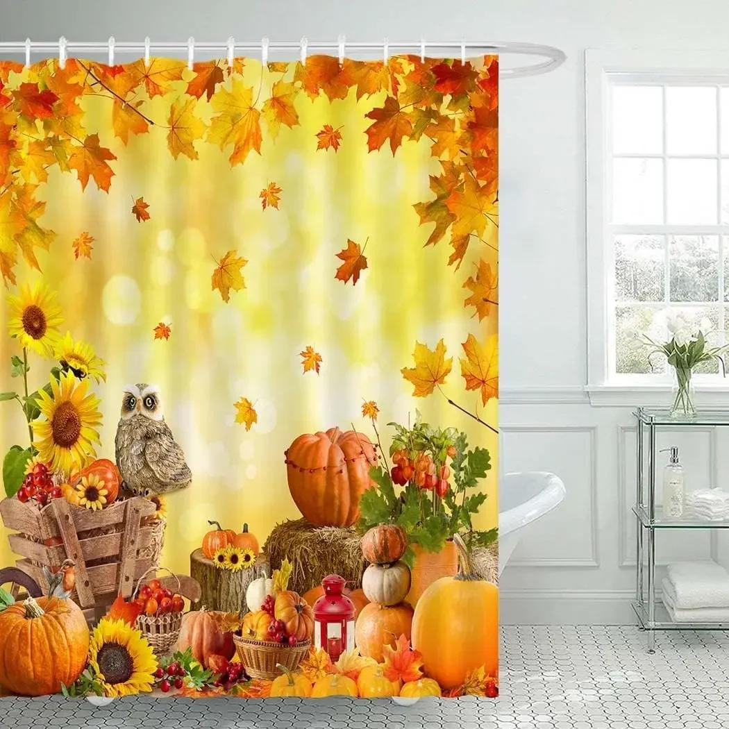 

Fall Shower Curtains Brown Window Pumpkin Haystack Sunflower Maple Leaves Forest Autumn Home Bathroom Curtain Decor With Hooks W60H190(CM)-1 Pcs