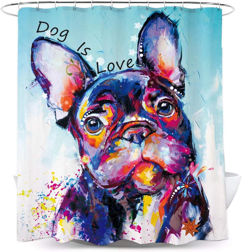 Miyotaa Lustiges Hunde Duschvorhang Set 60B x 71H Zoll Badezimmer Bulldogge Labrador Vintage Retro Lustiges Tier Wasserdicht Badezimmer
