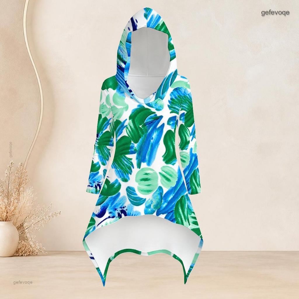 Women Plus Size 2 Piece Outfit Hooded Long Sleeve Tropical Leaf Printed High Low Top Fitted Pants