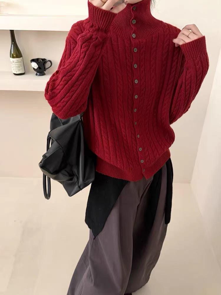 Women's High Neck Cable Knit Wool Cardigan – Autumn Winter Fashion, Thick Loose Fit, Long Sleeve Sweater