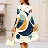 Women Plus Size Round Neck Long Sleeve Midi Dress Golden Moon Wine Glass Floral Art Print High Waist Swing Dress