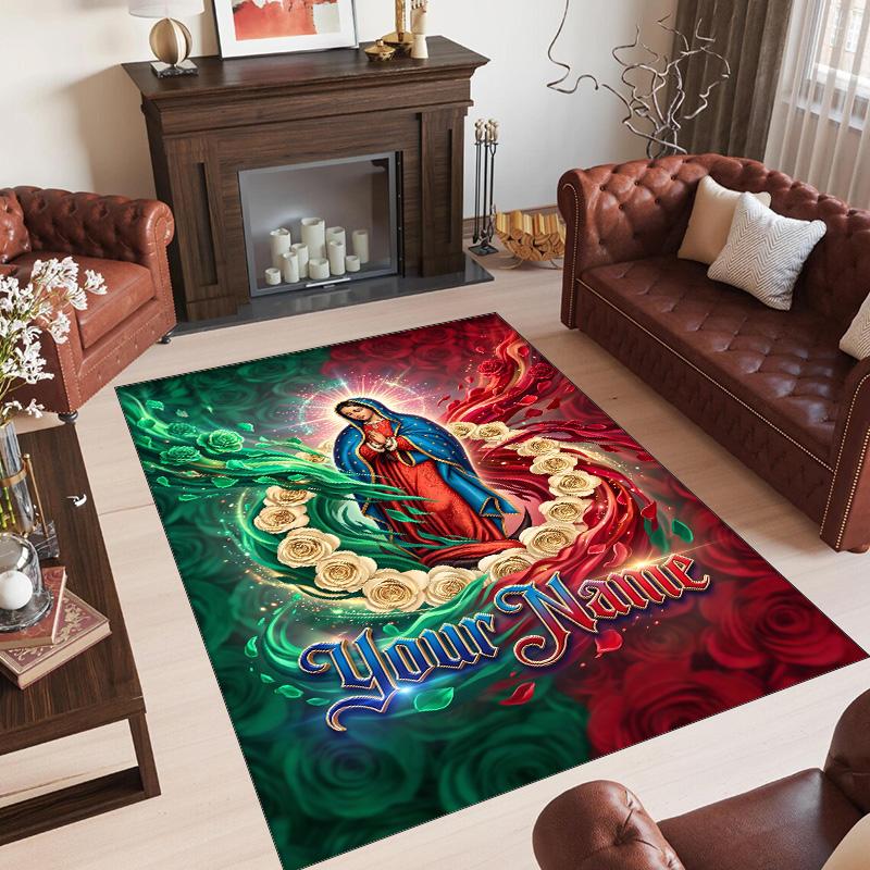 Virgin Mary Theme Crystal Velvet Rug Personalized Custom Name Text Soft Floor Mat Home Decor