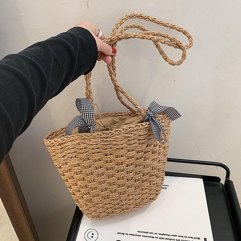 Beach Straw Bag Women s Large Capacity Beach Holiday Braided Foreign Style Single Shoulder Bucket Bag хаки