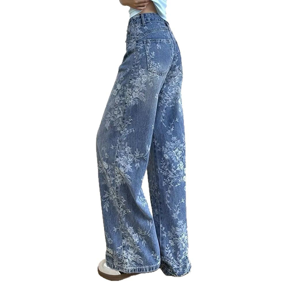 Dámské podzimní široké džíny s žakárovou výšivkou - Volný střih, délka až na zem pro postavu hrušky