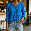 Women Tops Long Sleeve Round Neck Loose Fit Pullover Tops with Pleated Hem Pure Color Spring Summer Casual Shirt