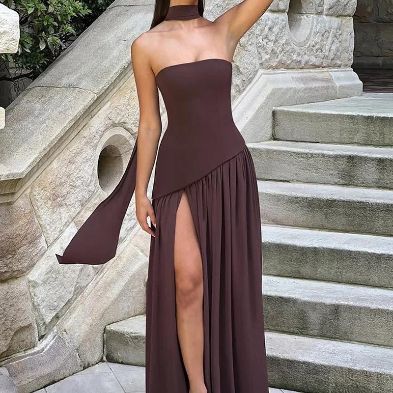 Spring Latest Women's Wear Strapless Solid Color Fashionable Temperament Slit Fashionable Sexy Backless Long Skirt